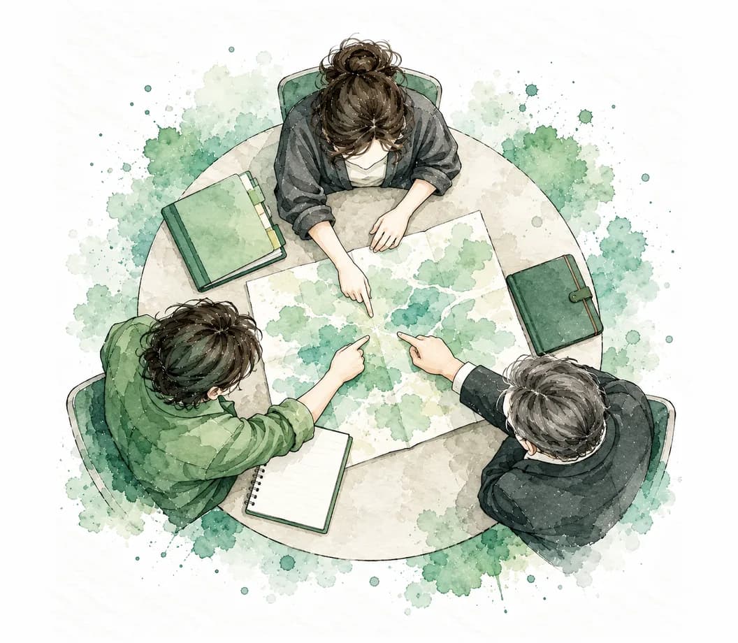 Ilustración en acuarela de una orientadora, un tutor y un miembro de dirección alrededor de una mesa redonda con un único mapa desplegado