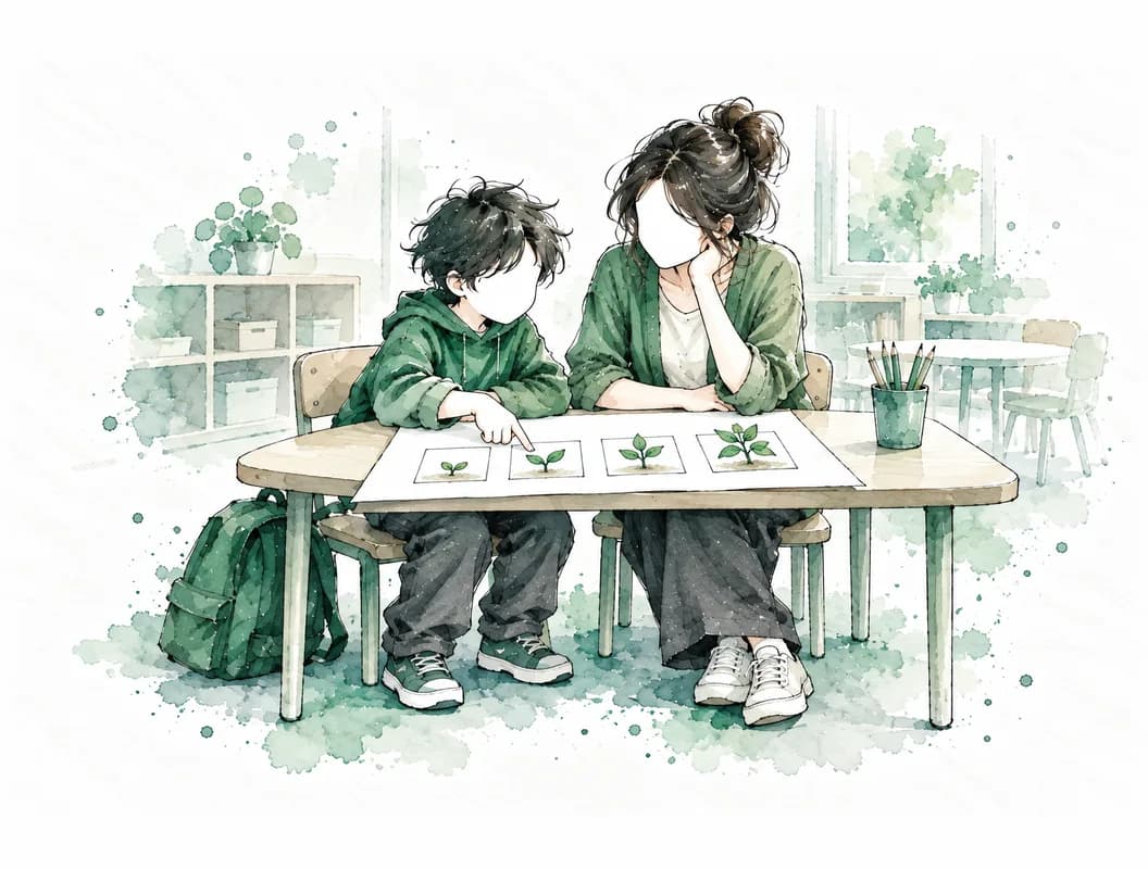 Ilustración en acuarela de una tutora y un niño mirando juntos una hoja con casillas donde crece una planta en cada una