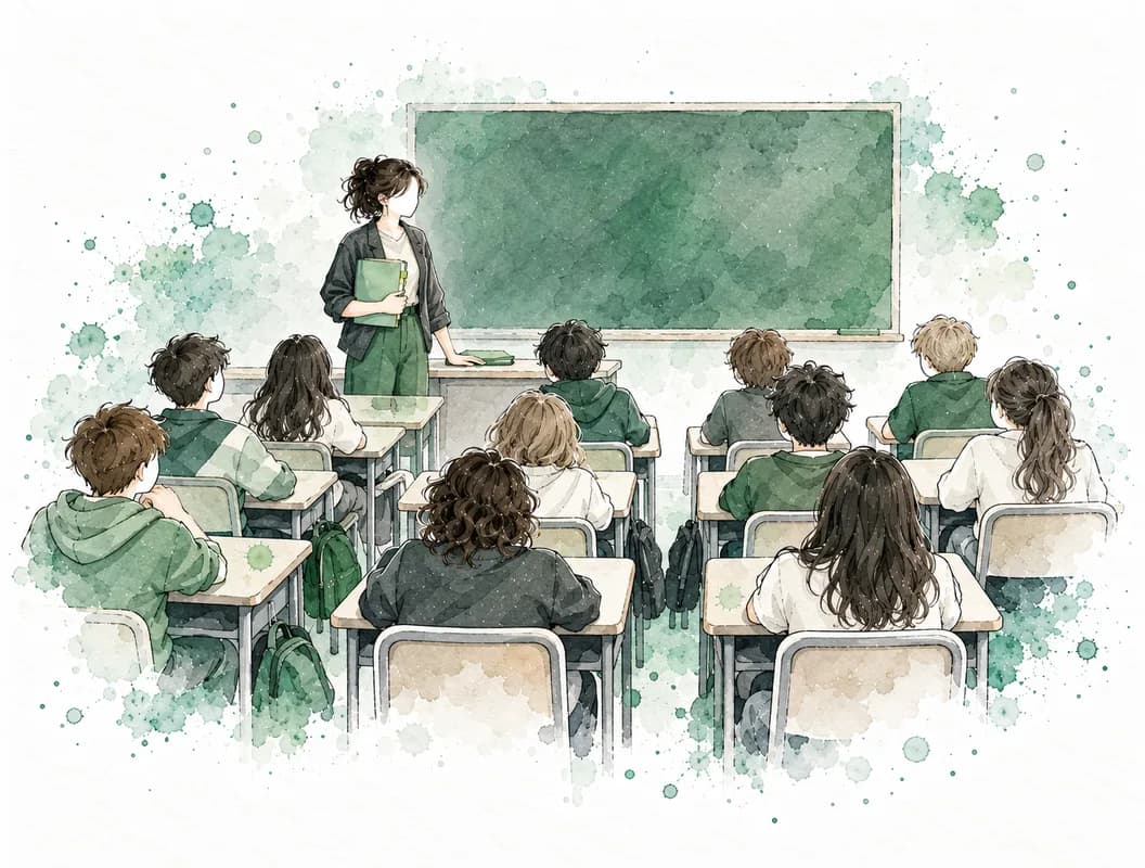 Ilustración en acuarela de un aula de 1º de ESO en el primer mes, con el tutor junto a la pizarra y los alumnos de espaldas